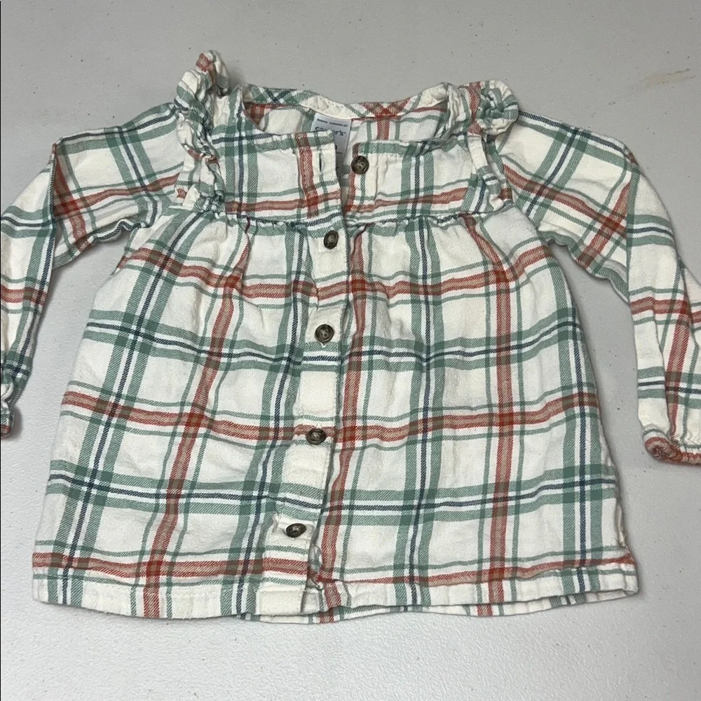 Carter's Green and Red Plaid Flannel Button Down Babydoll Style Shirt 18m